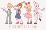  3boys backpack bag baseball_bat black_eyes black_hair blonde_hair blue_eyes bow bowtie braid formal gun hat jeff_andonuts meimi_(artist) mother_(game) mother_2 multiple_boys ness paula_(mother_2) poo_(mother_2) ribbon smile stuffed_animal stuffed_toy suit teddy_bear weapon 