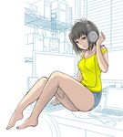  bare_legs barefoot black_hair blinds blue_eyes computer headphones jewelry keyboard_(computer) laptop monitor mouse_(computer) necklace original partially_colored shelf short_hair short_shorts shorts solo tank_top ubizo 