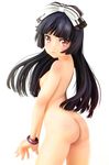  91_(akira991) ass back bangle black_hair blurry blush bow bracelet breasts closed_mouth depth_of_field figure frown gokou_ruri hair_bow highres hime_cut jewelry long_hair looking_at_viewer looking_back mole mole_under_eye nipples nude ore_no_imouto_ga_konna_ni_kawaii_wake_ga_nai own_hands_together photo red_eyes simple_background small_breasts solo third-party_edit 