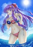  :o absurdres alternate_costume alternate_hairstyle american_flag_bikini bikini bikini_pull blush breasts cleavage cloud crescent crescent_hair_ornament day flag_print hair_ornament hair_ribbon highres large_breasts long_hair navel ocean open_mouth patchouli_knowledge ponytail pulled_by_self purple_eyes purple_hair ribbon side-tie_bikini sky solo sun swimsuit touhou vycma wading water wet 