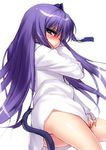  blue_eyes blush dress_shirt little_busters! long_hair looking_at_viewer one_eye_closed purple_hair sasasegawa_sasami shirt solo tail white_background zen 