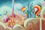  cloud cutie_mark duo equine female friendship_is_magic hair horse liquid mammal multi-colored_hair my_little_pony outside pegasus pony purple_eyes purple_hair rainbow rainbow_dash_(mlp) rainbow_hair sayluh scootaloo_(mlp) wings young 