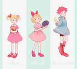  ana_(mother) blonde_hair blue_eyes book frying_pan hood hoodie kumatora meimi_(artist) mother_(game) mother_2 mother_3 multiple_girls paula_(mother_2) pink_hair ribbon smile twintails 