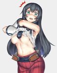  1girl agano_(kantai_collection) belt black_hair blush breasts ginko_(nico) gloves green_eyes grey_background kantai_collection large_breasts long_hair looking_at_viewer necktie open_mouth simple_background solo surprised underboob undressing white_gloves 