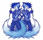  blue_and_white blue_eyes blue_fur blue_hair canine clothed clothing cornflower crop duo fox fur hair jeans mammal necktie plain_background riding smile white_background 