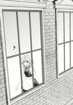  apron braid brick_wall comic eighth_note from_outside greyscale hakui_ami highres izayoi_sakuya maid maid_apron maid_headdress monochrome musical_note non-web_source running_bond short_hair smile speech_bubble spoken_musical_note touhou twin_braids window 