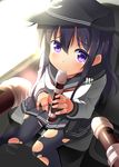  akatsuki_(kantai_collection) bell_(oppore_coppore) black_hair black_legwear blush car car_interior flat_cap from_above ground_vehicle hat highres instrument kantai_collection long_hair looking_up motor_vehicle music pantyhose playing_instrument purple_eyes recorder school_uniform serafuku sexually_suggestive sitting skirt smile solo sunlight tears torn_clothes torn_legwear 
