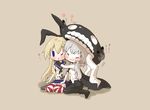  :3 ;&lt; anchor arinu blonde_hair blue_eyes blush cape cheek-to-cheek chibi closed_eyes elbow_gloves gloves grey_hair hair_ribbon headgear heart hug jitome kantai_collection long_hair miniskirt monster_girl multiple_girls ribbon sailor_collar shimakaze_(kantai_collection) shinkaisei-kan sidelocks simple_background sitting skirt sleeveless smile striped striped_legwear teeth tentacles thighhighs translated triangle_mouth turret wariza wo-class_aircraft_carrier 