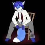  blue_eyes blue_fur blue_hair canine clothed clothing cornflower fox fur hair mammal necktie riding_crop sitting spread_legs spreading unknown_artist 