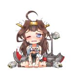  ahoge animal animal_on_head animalization bare_shoulders brown_hair bruise chibi clothed_animal detached_sleeves double_bun glasses greenteaneko hair_ornament hairband haruna_(kantai_collection) hiei_(kantai_collection) injury japanese_clothes kantai_collection kirishima_(kantai_collection) kongou_(kantai_collection) long_hair on_head one_eye_closed open_mouth star star-shaped_pupils symbol-shaped_pupils torn_clothes transparent_background 