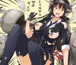  &gt;_&lt; alternate_costume areola_slip areolae black_gloves black_hair black_legwear blonde_hair blush breasts cannon cardigan censored character_censor chibi chimney closed_eyes cosplay gloves hair_ornament hairband headgear kantai_collection large_breasts long_hair nagato_(kantai_collection) necktie novelty_censor open_mouth red_eyes rensouhou-chan shimakaze_(kantai_collection) sitting skirt smoke sweatdrop takemura_makoto_(hakushikei) teeth tenryuu_(kantai_collection) tenryuu_(kantai_collection)_(cosplay) thighhighs torn_clothes translated turret 