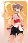  :d bare_shoulders bicycle_helmet bike_shorts blonde_hair fingerless_gloves gloves green_eyes hand_on_hip helmet highres koruni_(pokemon) looking_back nanjin open_mouth pokemon pokemon_(game) pokemon_xy ponytail smile solo two_side_up 