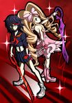  back-to-back big_hair black_hair blonde_hair blue_eyes boots bow closed_umbrella dress drill_hair eyepatch gloves hair_bow harime_nui highlights kill_la_kill life_fiber long_hair matatabi_(skunim01) matoi_ryuuko multicolored_hair multiple_girls pink_bow pink_footwear pinky_out red_string scissor_blade senketsu shoes single_glove sneakers spoilers string suspenders twin_drills twintails umbrella very_long_hair wrist_cuffs 