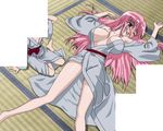  animated animated_gif barefoot blue_eyes blush bouncing_breasts breasts feet haramura_nodoka kataoka_yuuki large_breasts long_hair lying pink_hair saki wink 