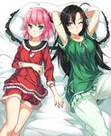 ;) armpits arms_behind_head arms_up black_hair blue_eyes blush closers frilled_pillow frills highres lace lace-trimmed_shirt long_hair lying multiple_girls on_back one_eye_closed pajamas pillow pink_hair ress seulbi_lee shirt short_hair smile yuri_seo 