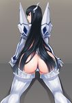  \||/ all_fours ass back-seamed_legwear black_hair blue_eyes elbow_gloves from_behind gloves headgear junketsu kamizawa_(sark) kill_la_kill kiryuuin_satsuki long_hair looking_back pauldrons revealing_clothes seamed_legwear solo thighhighs thong very_long_hair 