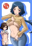  blue_hair blush breasts brown_eyes brown_hair clothes_lift condom condom_in_mouth denim green_eyes gundam gundam_build_fighters hairband harada_shoutarou highres iori_rinko jeans kousaka_china large_breasts long_hair mature mouth_hold multiple_girls navel no_pants panties pants ponytail shirt_lift short_hair sweater sweater_lift thighhighs turtleneck unbuttoned underboob underwear unzipped 