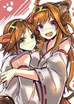  :3 :d akishima_kei animal_ears bad_id bad_pixiv_id blush brown_hair detached_sleeves dog_ears fang green_eyes headgear hiei_(kantai_collection) hug japanese_clothes kantai_collection kemonomimi_mode kongou_(kantai_collection) long_hair multiple_girls nontraditional_miko open_mouth purple_eyes ribbon-trimmed_sleeves ribbon_trim short_hair smile v-shaped_eyebrows wide_sleeves 