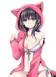  animal_hood black_hair breasts cleavage collarbone green_eyes hood large_breasts long_hair mamemix navel off_shoulder open_clothes open_shirt original shirt smile solo 