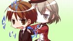  1boy 1girl arima_yousuke brown_eyes brown_hair chibi formal game_cg ko~cha necktie saimon_eclair suit tie witch&#039;s_garden witch's_garden 