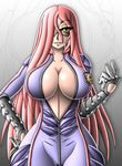  alternate_costume alternate_hairstyle blue_eyes blush bodysuit breasts catsuit cleavage crimson_viper elbow_gloves gloves hair_down hair_over_one_eye hand_on_hip huge_breasts long_hair no_bra red_hair shooting_glasses solo street_fighter street_fighter_iv_(series) takilmar unzipped zipper 
