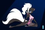  2018 anthro birchly black_fur blue_background breasts cigarette clothed clothing courtney_brushmarke disney eyeshadow fan_character female fur hair half-closed_eyes looking_at_viewer makeup mammal mephitid multicolored_fur navel simple_background skimpy skunk smoking solo swimsuit two_tone_fur white_fur white_hair zootopia 