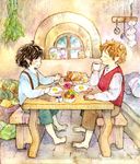  2boys bacon bench bilbo_baggins bread breakfast cabbage carrot cup duo eating egg eggs family food frodo_baggins hobbit jam jar male male_focus middle_earth mug multiple_boys plate sitting suspenders table tea vest window 