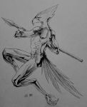  anthro athletic avian bird feathers hime_(artist) ink male melee_weapon monochrome muscular nude polearm simple_background spear weapon 