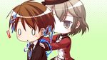  1boy 1girl arima_yousuke brown_eyes brown_hair chibi formal game_cg ko~cha necktie o_o saimon_eclair suit tie witch&#039;s_garden witch's_garden 