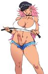  bare_legs big_hair black_panties blue_eyes blue_shorts breasts censored choker cleavage cutoffs erection final_fight hat highres kyuraa_(kyura9een) large_breasts long_hair mosaic_censoring newhalf panties peaked_cap penis pink_hair pinky_out poison_(final_fight) riding_crop short_shorts shorts solo underwear 