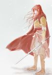  1boy amputee boots cape elf highres long_hair maedhros male male_focus middle_earth mintkim pointy_ears red_hair silmarillion snow solo sword weapon 