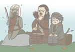  3boys bain bard_the_bowman bow_(weapon) elf father father_and_son legolas log male male_focus marksman middle_earth multiple_boys pointy_ears sitting son the_hobbit trio weapon 