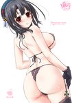  ass black_hair blush bra breasts brown_eyes garter_straps gloves hat inoue_tomii kantai_collection large_breasts looking_back panties short_hair sideboob simple_background solo standing takao_(kantai_collection) thighhighs thong underboob underwear underwear_only 