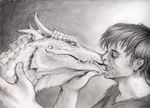  bestiality candyside dragon drooling duo eyes_closed fangs feral greyscale hair holding holding_head horn human human_on_feral interspecies kissing male mammal monochome monochrome open_eyes pencil saliva scales scalie teeth tongue traditional_media western_dragon 