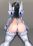  \||/ all_fours ass back-seamed_legwear black_hair blue_eyes elbow_gloves from_behind gloves headgear junketsu kamizawa_(sark) kill_la_kill kiryuuin_satsuki long_hair looking_back pauldrons revealing_clothes seamed_legwear solo thighhighs thong very_long_hair 