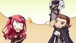  1boy 1girl brown_eyes cape chibi game_cg hinomiya_ayari ko~cha kurauchi_joji long_hair o_o red_hair sword weapon witch&#039;s_garden witch's_garden 