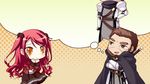  1boy 1girl brown_eyes cape chibi game_cg hinomiya_ayari ko~cha kurauchi_joji long_hair red_hair sword weapon witch&#039;s_garden witch's_garden yellow_eyes 