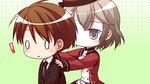  1boy 1girl arima_yousuke brown_eyes brown_hair chibi formal game_cg ko~cha necktie o_o saimon_eclair suit tie witch&#039;s_garden witch's_garden 