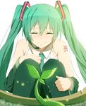  39 artist_name closed_eyes detached_sleeves green_hair hatsune_miku headset hello_planet_(vocaloid) hews_hack long_hair necktie pantyhose plant smile solo tears twintails vocaloid white_background 