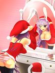  &gt;_o adjusting_clothes adjusting_hat animal_ears ass bad_id bad_pixiv_id breasts bunny_ears bunny_tail christmas cleavage hairclip_removed hat highres kekeji large_breasts long_hair mirror one_eye_closed open_mouth panties pantyshot pantyshot_(standing) purple_hair reflection reisen_udongein_inaba santa_costume santa_hat skirt skirt_removed solo standing star striped striped_panties tail touhou underwear 