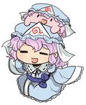  :d =_= aoi_tobira copy_ability cosplay crossover kirby kirby_(series) on_head open_mouth pink_hair saigyouji_yuyuko saigyouji_yuyuko_(cosplay) simple_background smile touhou trait_connection triangular_headpiece |_| 