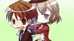  1boy 1girl arima_yousuke brown_eyes brown_hair chibi formal game_cg ko~cha necktie saimon_eclair suit tie witch&#039;s_garden witch's_garden 