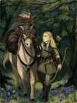  bow_(weapon) cape cloak duo dwarf elf ex.rudo forest gimli helmet horse legolas lord_of_the_rings male male_focus middle_earth nature pointy_ears riding weapon 