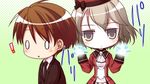  1boy 1girl arima_yousuke brown_eyes brown_hair chibi formal game_cg ko~cha necktie o_o saimon_eclair suit tie witch&#039;s_garden witch's_garden 