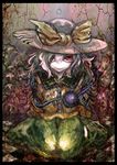  bad_id bad_pixiv_id black_hat border bow buttons checkered checkered_floor concrete cong1991 crack green_skirt hair_over_one_eye hat hat_bow highres horror_(theme) knees_together_feet_apart komeiji_koishi lips long_hair messy_hair no_nose on_floor pile_of_skulls red_eyes shirt silver_hair sitting skirt smile solo texture third_eye touhou wall yellow_bow yellow_shirt 