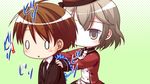  1boy 1girl arima_yousuke brown_eyes brown_hair chibi formal game_cg ko~cha necktie o_o saimon_eclair suit tie witch&#039;s_garden witch's_garden 