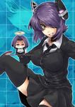  blue_background breasts brown_eyes eyepatch grid grin kantai_collection large_breasts looking_at_viewer minigirl multiple_girls ofuro_mantarou purple_eyes purple_hair short_hair smile tatsuta_(kantai_collection) tenryuu_(kantai_collection) zoom_layer 
