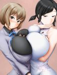  2girls bare_shoulders black_hair blush bol_(liliymimi) breast_press breasts brown_eyes brown_hair china_dress chinese_clothes devil_survivor_2 dress female huge_breasts kanno_fumi megami_ibunroku_devil_survivor multiple_girls nitta_io ribbon short_hair short_twintails smile symmetrical_docking twintails 