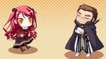  1boy 1girl cape chibi eyes_closed game_cg hinomiya_ayari ko~cha kurauchi_joji long_hair red_hair sword weapon witch&#039;s_garden witch's_garden yellow_eyes 