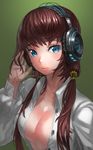  bad_id bad_pixiv_id blue_eyes blush breasts brown_hair cleavage dress_shirt hair_tubes headphones kfr light_smile long_hair low_twintails medium_breasts no_bra open_clothes open_shirt original shirt simple_background solo twintails unbuttoned upper_body 